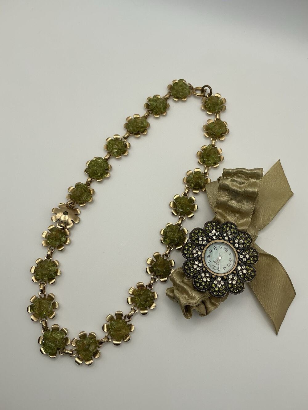 Necklace and Watch Green Vintage Gold Tone